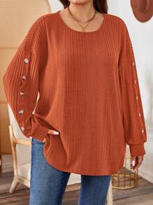 SHEIN LUNE Camiseta casual de manga larga, cuello redondo, suelta y acanalada con decoración de botones para mujer de talla grande, conjunto ideal para el Día de Acción de Gracias y días festivos