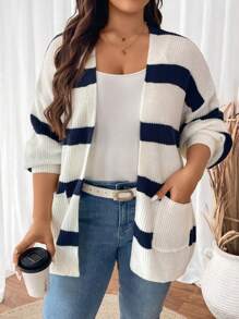 EMERY ROSE Áo len cardigan dệt kim thường ngày sọc xanh trắng cỡ lớn, dành cho mùa đông - Xanh và trắng - Xem 4