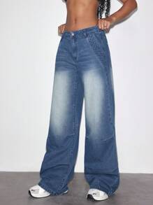 Women's Loose Fit Casual Wide Leg Jeans With Pocket - Medium Wash - View 8