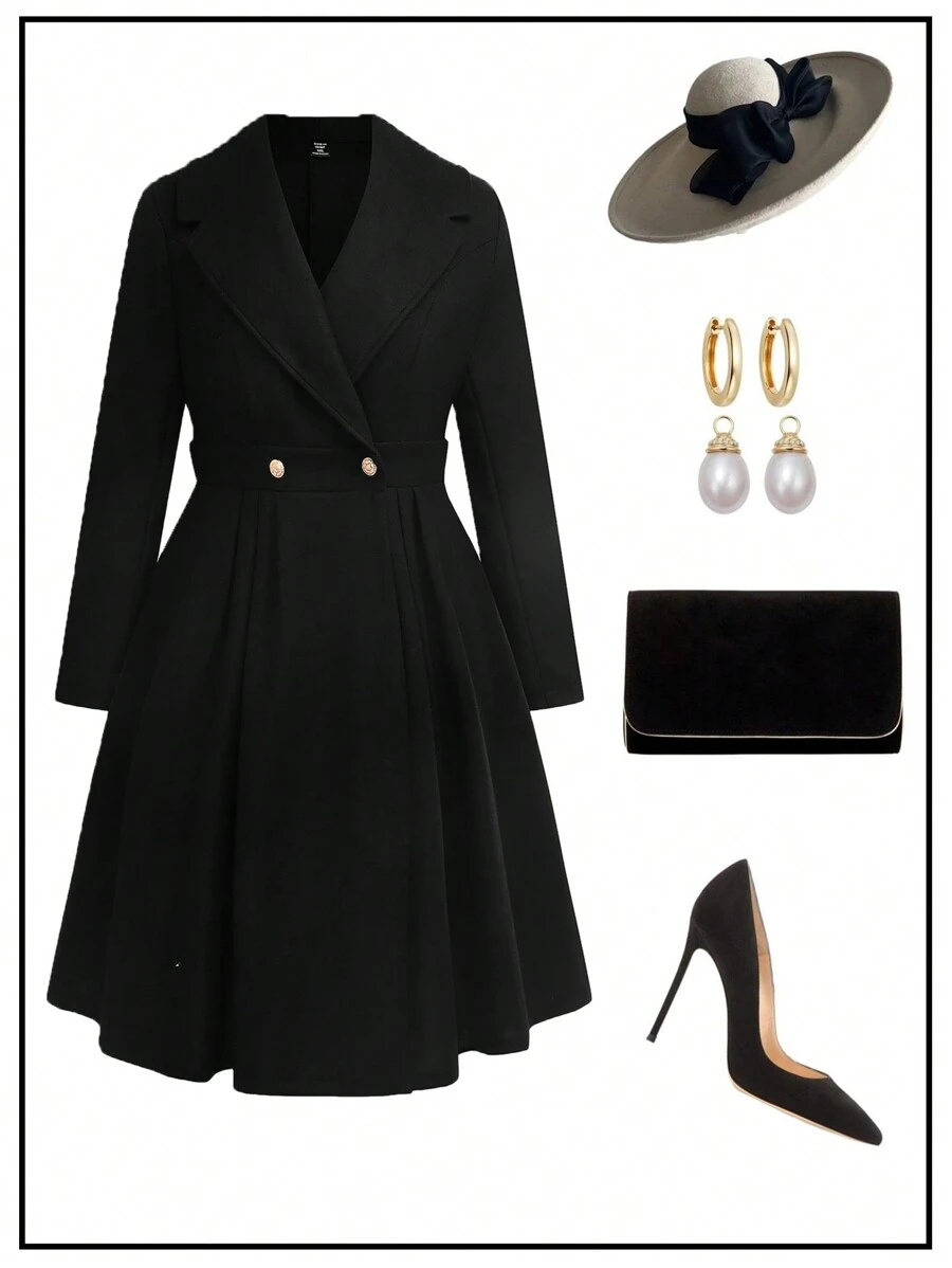 SHEIN Clasi Manteau long élégant pour femmes grandes tailles, en couleur unie, col rabattu, manches longues, double boutonnage - Noir - Voir 1