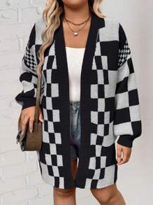 SHEIN LUNE Plus Size Plaid Pattern Casual Cardigan, Long Sleeve, For Winter Fall Cloth For Women