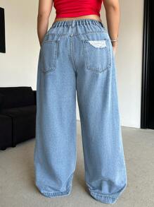 SHEIN ICON 加大码宽松直筒蓝色洗水宽松男友风牛仔裤 - 藍色 - 查看 2