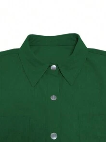 Women's Casual Solid Color Button Down Patch Pocket Loose Blouse, Autumn - Dark Green - View 7
