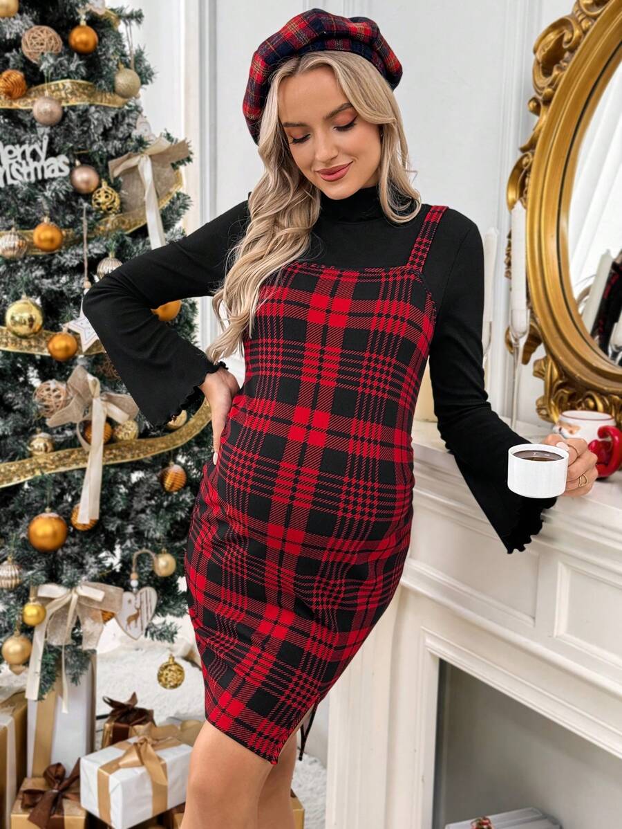 SHEIN Christmas Maternity 2pcs Set Flounce Sleeve Lettuce Trim Top