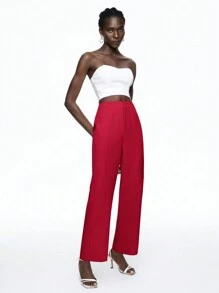 BizChic Women's Solid Color Straight Leg Loose Casual Work Pants - Red - View 8