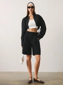 SHEIN Unity Women's Casual Simple Solid Color Drawstring Hem Cropped Shirt - Black - View 6