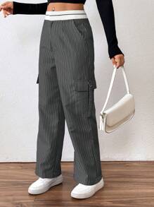 Flirla Women Striped Print Casual Straight Leg Pants With Pockets