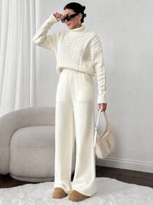 EURMUSE 2pcs Women Set: Solid Color High Neck Raglan Loose Cable Knit Sweater & Loose Straight Pocket Sweatpants - Beige - View 3