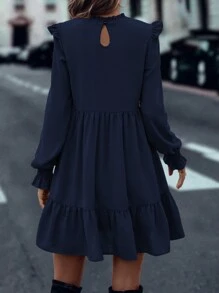 SHEIN LUNE Casual Solid Color Lantern Sleeve With Ruffle Hem Dress, Autumn Fall Cloth For Women - Navy Blue - View 2