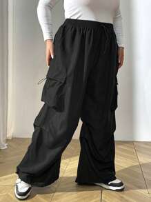 SHEIN CURVE+ Pantalones cargo de talla grande de unicolor casual con cordón en la cintura
