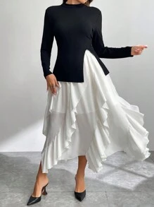SHEIN Privé Plus Size High-Neck Split T-Shirt & Pleated Mid-Length Skirt 2 Pieces Set - Multicolor - View 4