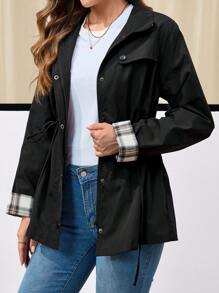 EMERY ROSE Chaqueta informal de mujer con cremallera y cordón en la cintura, con parches a cuadros, adecuada para salidas de otoño - Negro - Ver 3