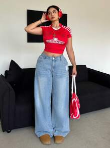 SHEIN ICON 加大码宽松直筒蓝色洗水宽松男友风牛仔裤 - 藍色 - 查看 7