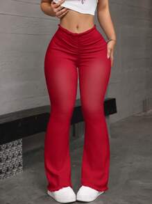 SHEIN ICON Women Waist Ruffle Fringed Flared Casual Versatile Denim Jeans - Red - View 5