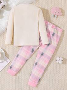 2 件套年轻女孩杏色简约可爱兔子印花紧身长袖运动衫和长裤休闲家居服套装 - 杏色 - 查看 2