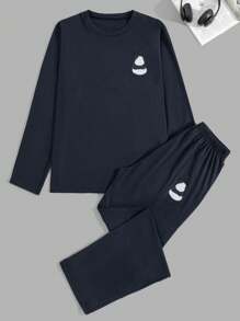 EURMUSE Bộ đồ ngủ dài tay in hình gấu trúc bằng cotton và quần dài cho nam - Màu xanh hải quân - Xem 3