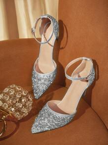 CUCCOO TILAWA Fashionable Pointed Toe Fully Studded Sexy Hollow-Out Evening Sandals New Year Holiday Valentines - Silver - View 2