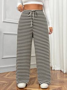 SHEIN EZwear Plus Size Casual Striped Straight Leg Pants, Autumn