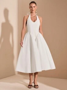 SHEIN BAE Robe blanche pure à col en V profond avec cravate à la taille et manches bouffantes pour occasions formelles, remise de diplômes, soirée cocktail, rendez-vous romantique, superposition d'hiver, fête, boîte de nuit, robe de demoiselle d'honneur, tenue de soirée, Halloween, Noël