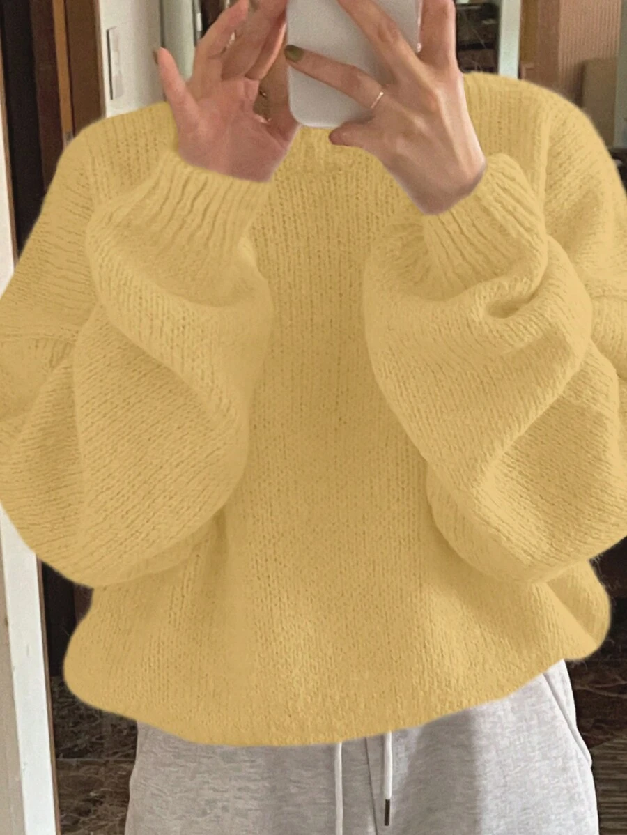 DAZY 休闲纯色落肩宽松毛衣，秋冬，返校服，秋季女装 - 黃色 - 查看 1