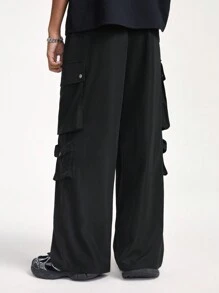 Manfinity VCAY Men's Solid Color Black Loose Straight Woven Cargo Pants With Pockets - Black - View 2