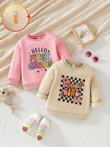 SHEIN Young Girls Solid Color Cartoon Letter Print Crew Neck Loose Fit Thermal Lined Sweatshirt, Autumn Winter