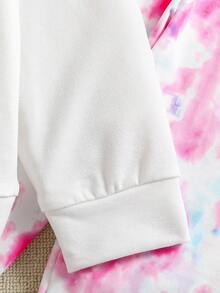 2 件女童休闲可爱独角兽和字母扎染印花连帽衫和紧身裤套装，适合春秋季节 - 黑色 - 查看 5