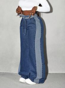 Slaydiva Contrast Color Lace-Up Pocket Wide Leg Casual Versatile Jeans - Dark Wash - View 5