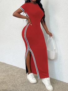 SHEIN LUNE Women Color Block Striped Decorated Round Neck Slit Dress - Red - View 7