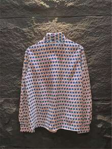 Women's Autumn Casual Geometric Print Tie Collar Lantern Sleeve Blouse