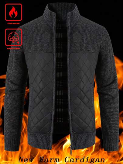 Manfinity Homme كارديجان رجالي بحجم كبير مرقع، كارديجان أسود كاجوال سميك للخروج في فصلي الخريف والشتاء، هدية للزوج أو الحبيب، بأكمام طويلة