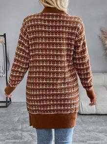 SHEIN Unity Cardigan Longgar Wanita Kasual Motif Kotak-kotak dengan Bukaan Depan - Coffee Brown - View 2