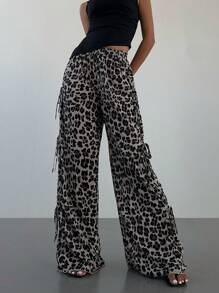 Aloruh Women's Autumn Winter New Casual Fashionable Hight Waist Leopard Print Side Slit Tie-Bow Pants Leopard Pants - Multicolor - View 2