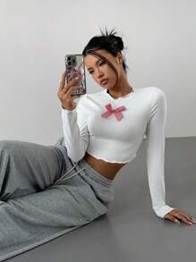 Aloruh Áo thun tay dài ôm sát, họa tiết nơ kẻ caro đỏ phong cách đường phố Mỹ thời trang dành cho nữ, thu đông - trắng - Xem 6