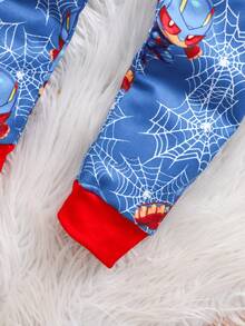 2 件装小男孩紧身超级英雄卡通印花长袖上衣和长裤睡衣套装 - 藍色 - 查看 4