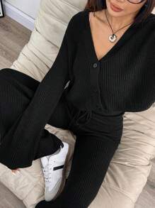 SHEIN EZwear 秋冬女士休闲纯色宽肩带开衫和抽绳腰喇叭裤两件套