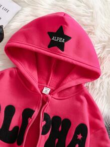 SHEIN Tween Girls Oversized Hoodie Sweatshirt, Casual Letter Graphic Thermal Lined Zip-Up Jacket, Magenta - Hot Pink - View 7