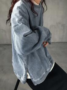 FRIFUL 女士秋季休闲牛仔宽松圆领落肩长袖口袋衬衫，秋季女装 - 藍色 - 查看 7