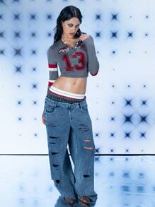 FREAK CITY Designer Women Printed Half Button Cropped Top, Casual Street Dark Gray T-Shirt, Graphic Tees, For Holiday, Vacation, Spring, Going Out, Festival, Ibiza Fits