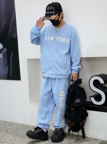 2 件套青少年男孩字母印花拉链连帽衫，带口袋和羊毛裤 - 藍色 - 查看 4