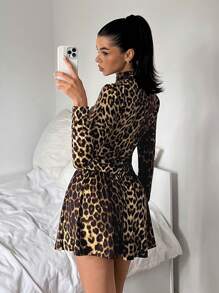 SHEIN EZwear 1 chiếc váy ngắn cổ bẻ họa tiết da báo cho nữ có tay dài - Nhiều màu - Xem 2