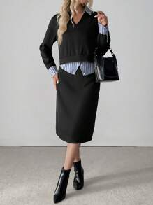 SHEIN Clasi Conjunto de 2 piezas de top de manga larga con estampado y rayas aleatorias en el cuello y falda, elegante - Negro - Ver 4