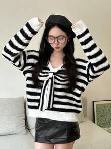 SHEIN Unity Women's Casual Colorblock Striped Bow Decor Sweater, Autumn/Winter