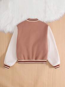 Tween Girls Woolen Blend Patchwork Applique Casual College Style Baseball Jacket, Fashion Streetwear - Khaki - View 2