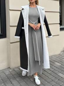 SHEIN Essnce Women's Autumn Gray Long Dress Elegant Summer Casual Everyday Slim Fit Waist Tie Hem Slit Teacher Wear 2 In 1 Sleeveless Inner Back To School Dress - Grey - View 1