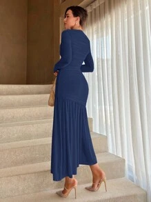 Aloruh Vestido feminino gola redonda babados bainha cor sólida manga comprida - Azul marinho - Ver 2