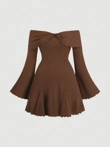 SHEIN MOD Plus Size Black Off-Shoulder Sweet Bell Sleeve Ruffle Hem Knit Dress - Brown - View 4
