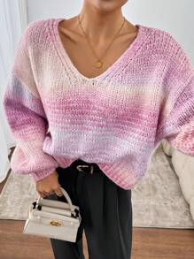 Chiquease Sweter damski z dekoltem w serek ombre, długimi rękawami i opadającymi ramionami, luźny, na jesień/zimę, dzianinowy - Różowy - Zobacz 3