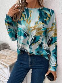 SHEIN LUNE Áo thun dài tay in họa tiết đá cẩm thạch thường ngày cho nữ mặc đi làm, phù hợp cho mùa thu - Nhiều màu - Xem 3