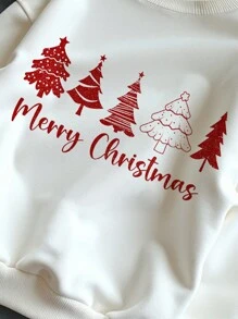 SHEIN Tween Girl Casual Simple Christmas Tree Pattern Loose Crew Neck Thick Sweatshirt Suitable For Autumn & Winter - White - View 3